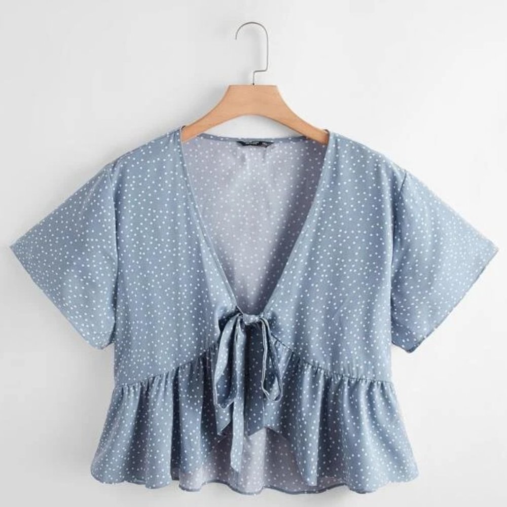 Light Blue Polka Dot Peplum Shirt
